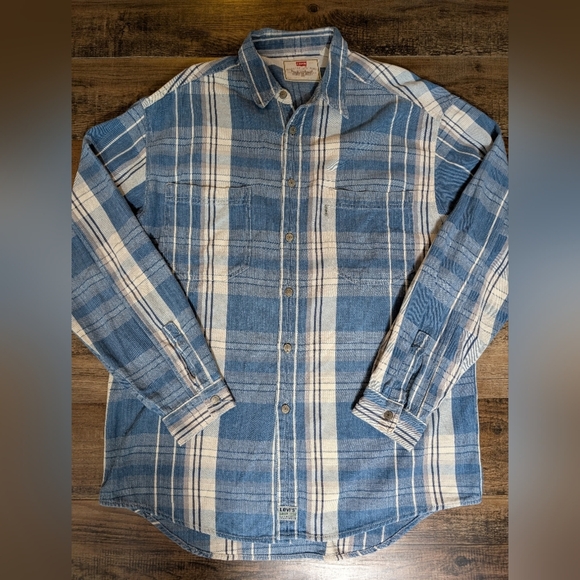 Vintage 90s Levi’s Plaid Button Up Size Large In Blue & White Metal Buttons - Picture 1 of 11